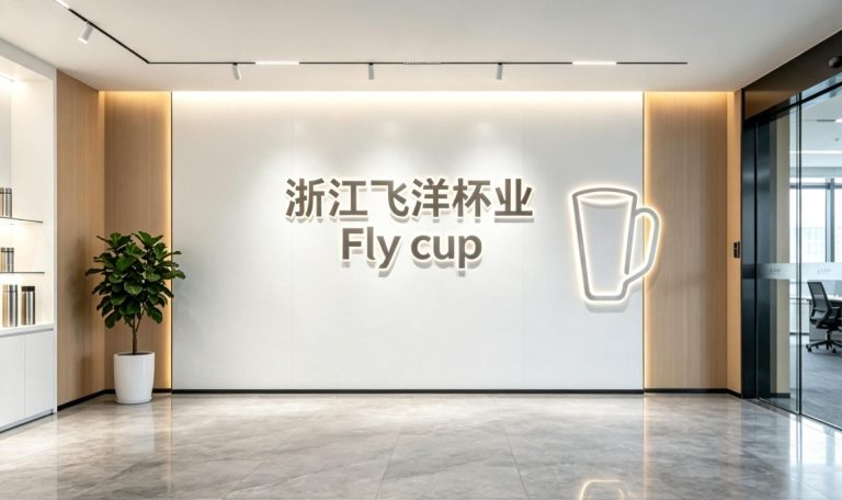 Feiyang USA office reception with the FLYCUP logo wall