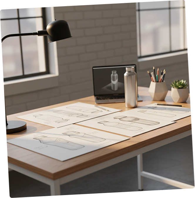 Drinkware design sketches and 3D modelling in the Feiyang design studio
