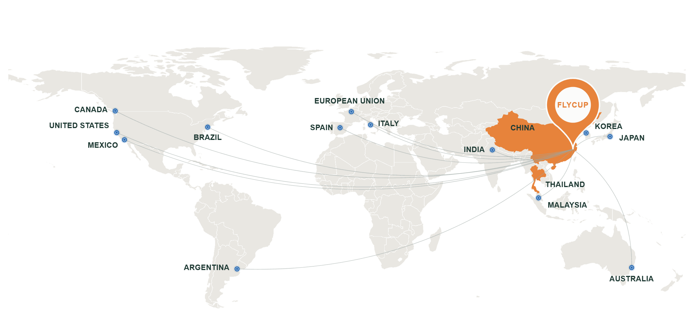 World map showing Feiyang manufacturing bases and export markets